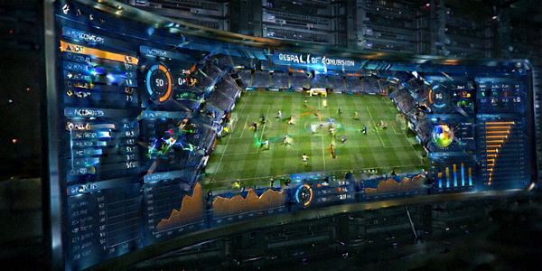 数据中心大屏幕显示复杂的足球比赛实时数据图表