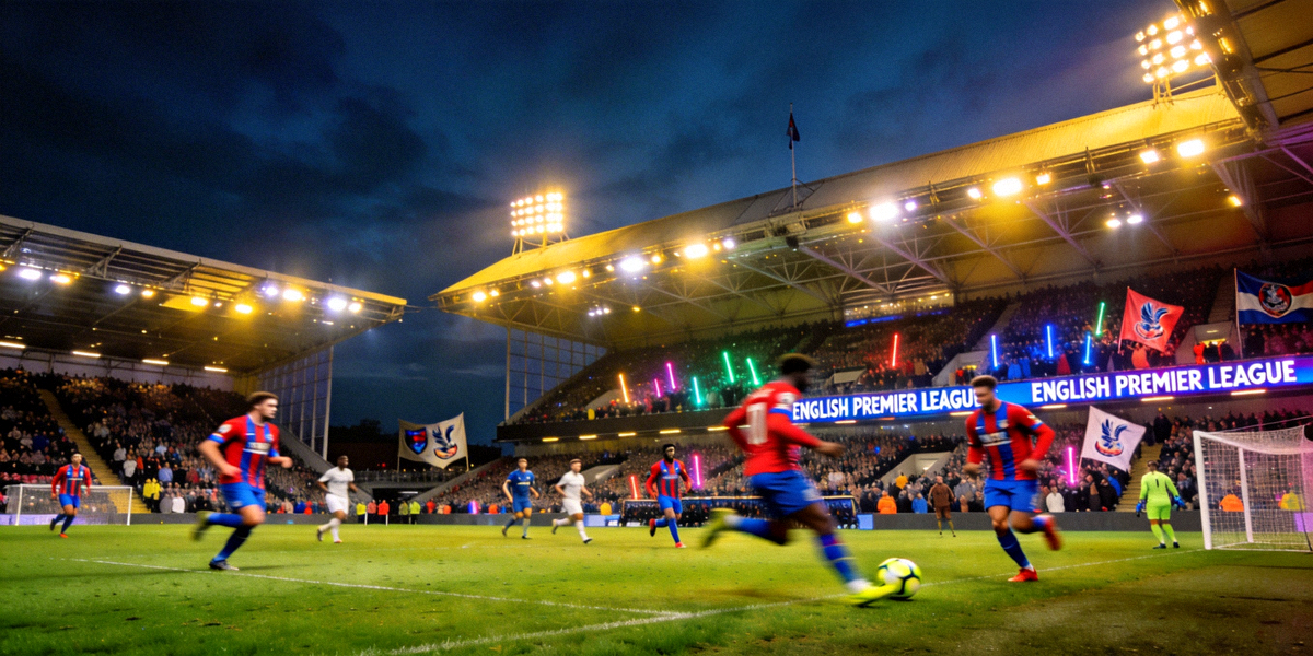 夜幕下的现代化足球场灯火通明，正在举行一场激烈的英超联赛比赛